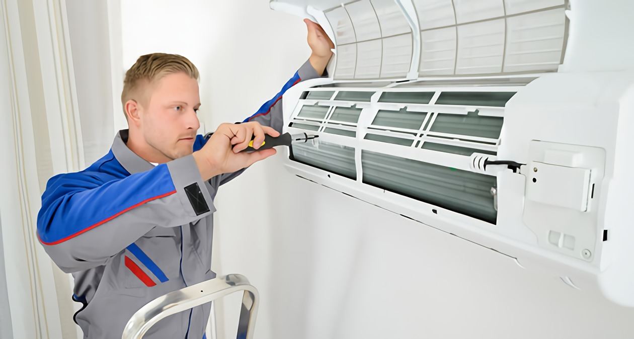 Professional HVAC technician repairing AC unit